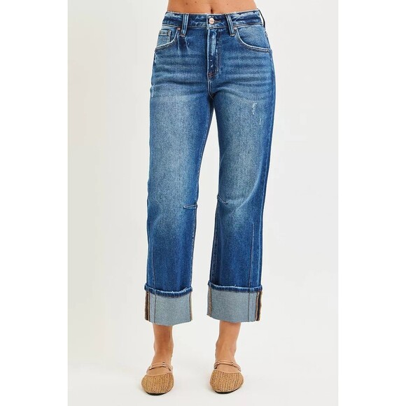 RISEN High Rise Straight Jeans with Distressed Hem - Picture 2 of 6